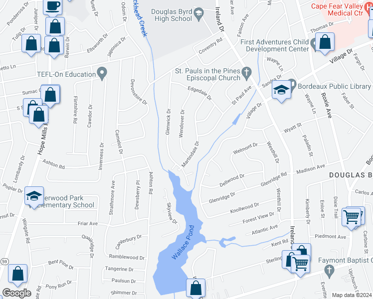 map of restaurants, bars, coffee shops, grocery stores, and more near 1937 Wendover Drive in Fayetteville