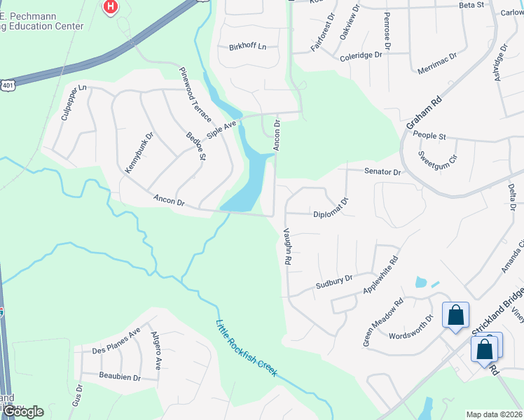 map of restaurants, bars, coffee shops, grocery stores, and more near 2118 Ancon Drive in Fayetteville