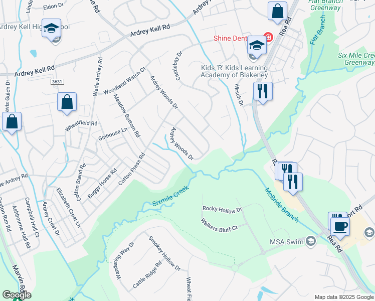 map of restaurants, bars, coffee shops, grocery stores, and more near 9229 Ardrey Woods Drive in Charlotte