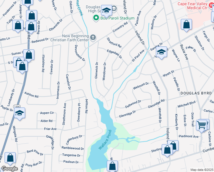 map of restaurants, bars, coffee shops, grocery stores, and more near 1937 Wendover Drive in Fayetteville