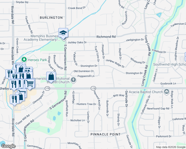 map of restaurants, bars, coffee shops, grocery stores, and more near 7395 Peppermill Lane in Memphis