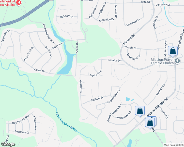 map of restaurants, bars, coffee shops, grocery stores, and more near 1611 Diplomat Drive in Fayetteville