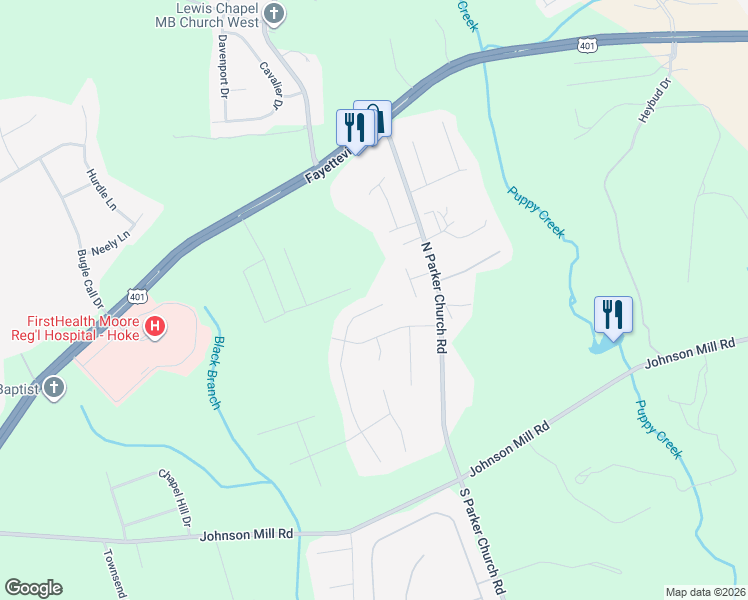 map of restaurants, bars, coffee shops, grocery stores, and more near 109 Van Buren Drive in Raeford