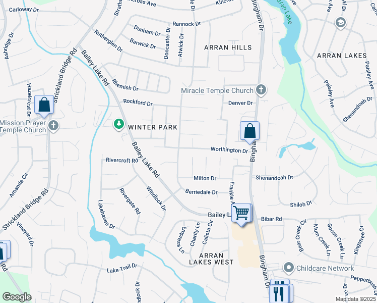 map of restaurants, bars, coffee shops, grocery stores, and more near 6343 Worthington Drive in Fayetteville