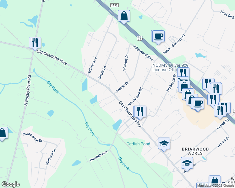 map of restaurants, bars, coffee shops, grocery stores, and more near 3114 Old Charlotte Highway in Monroe