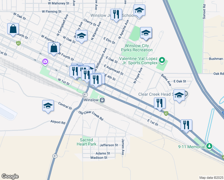 map of restaurants, bars, coffee shops, grocery stores, and more near 422 East 2nd Street in Winslow