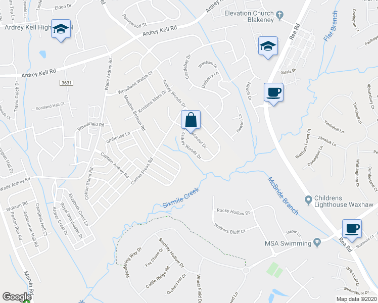 map of restaurants, bars, coffee shops, grocery stores, and more near 9232 Ardrey Woods Drive in Charlotte