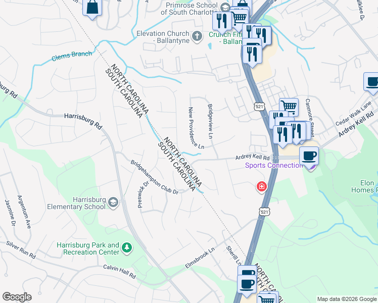 map of restaurants, bars, coffee shops, grocery stores, and more near 12103 Woodcliff Court in Charlotte