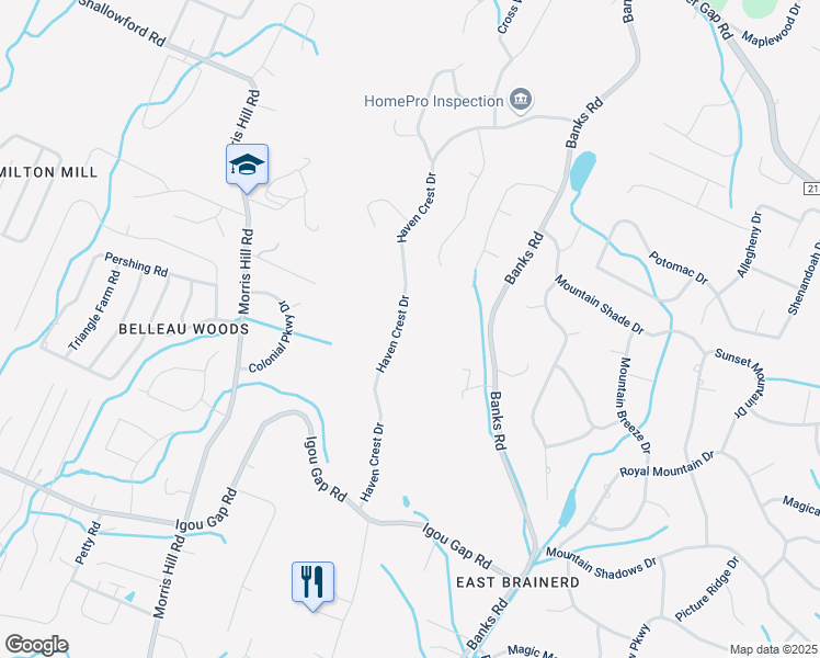 map of restaurants, bars, coffee shops, grocery stores, and more near 2126 Haven Crest Drive in Chattanooga