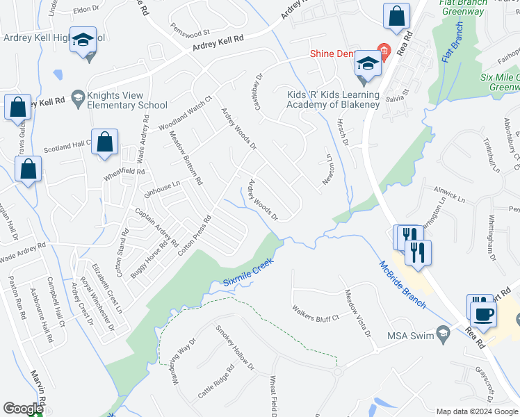 map of restaurants, bars, coffee shops, grocery stores, and more near 9216 Ardrey Woods Drive in Charlotte