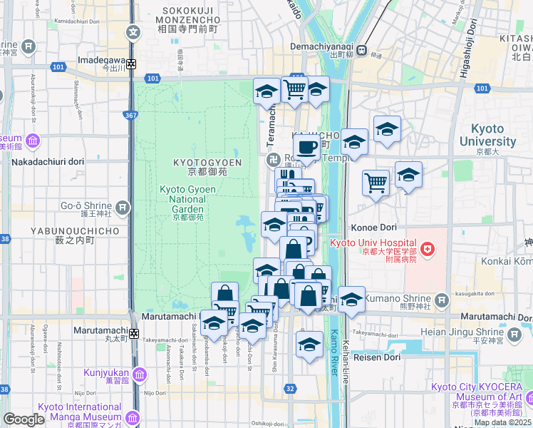 map of restaurants, bars, coffee shops, grocery stores, and more near Teramachi Dori in Kamigyo Ward