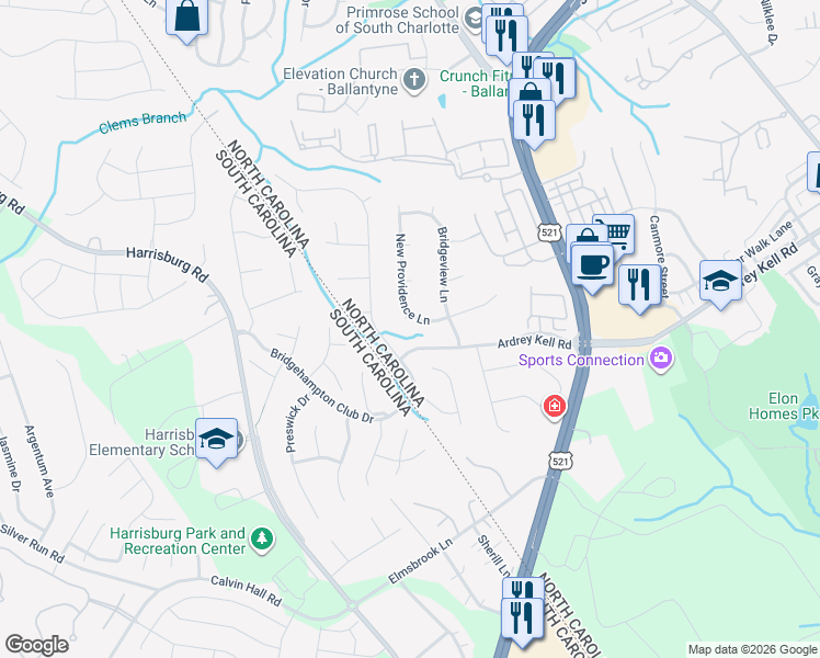 map of restaurants, bars, coffee shops, grocery stores, and more near 12103 Woodcliff Court in Charlotte