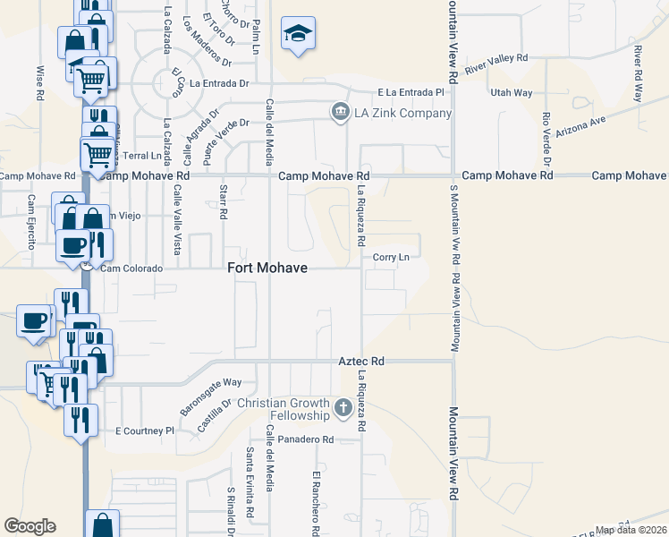 map of restaurants, bars, coffee shops, grocery stores, and more near 1800 Camino Colorado in Fort Mohave
