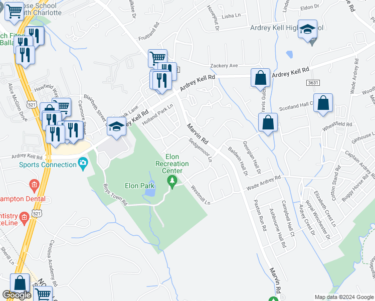 map of restaurants, bars, coffee shops, grocery stores, and more near 11023 Woods Corner Court in Charlotte