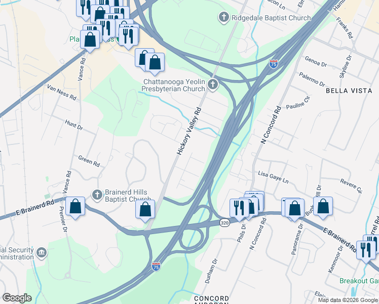 map of restaurants, bars, coffee shops, grocery stores, and more near 1430 Hickory Valley Road in Chattanooga