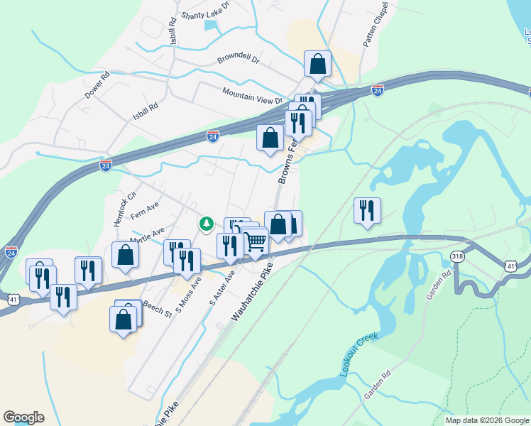 map of restaurants, bars, coffee shops, grocery stores, and more near 3101 Kellys Ferry Road in Chattanooga