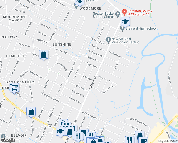 map of restaurants, bars, coffee shops, grocery stores, and more near 711 Castle Drive in Chattanooga