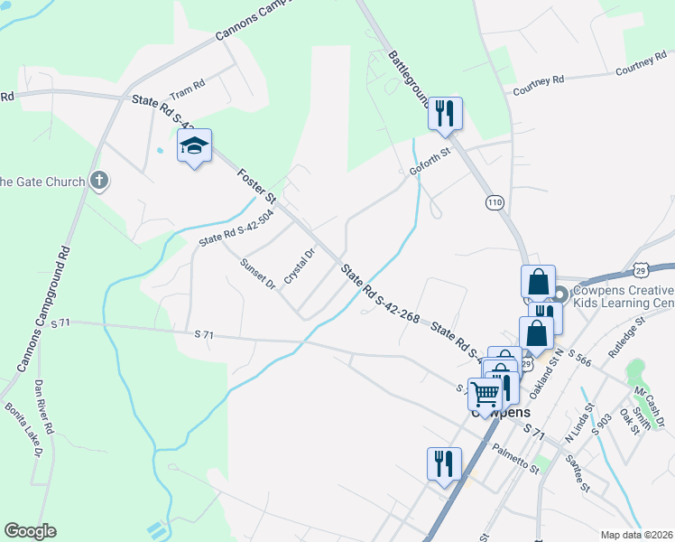 map of restaurants, bars, coffee shops, grocery stores, and more near 203 East Brookwood Lane in Cowpens