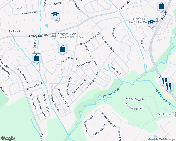 map of restaurants, bars, coffee shops, grocery stores, and more near 17444 Meadow Bottom Road in Charlotte