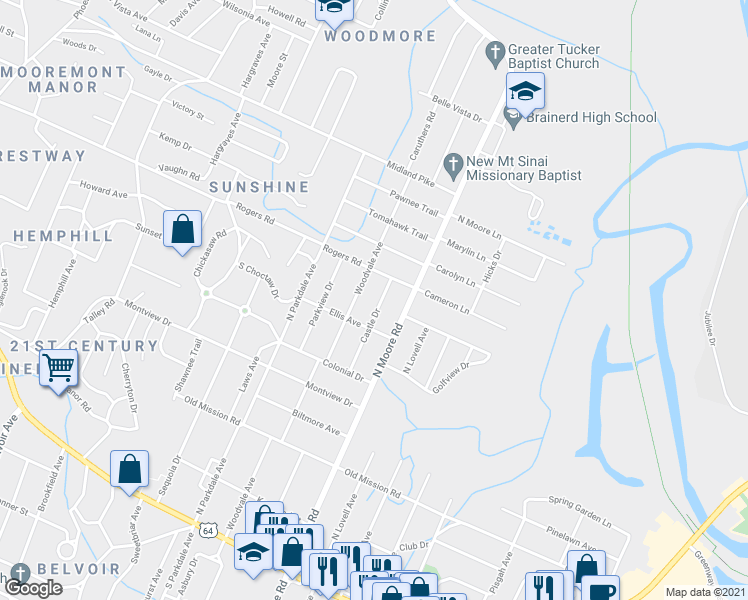 map of restaurants, bars, coffee shops, grocery stores, and more near 708 Castle Drive in Chattanooga
