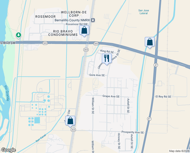 map of restaurants, bars, coffee shops, grocery stores, and more near 108 Gore Avenue Southeast in Albuquerque