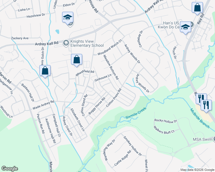 map of restaurants, bars, coffee shops, grocery stores, and more near 17444 Meadow Bottom Road in Charlotte