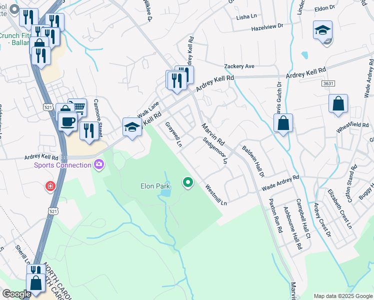 map of restaurants, bars, coffee shops, grocery stores, and more near 11141 Sedgemoor Lane in Charlotte