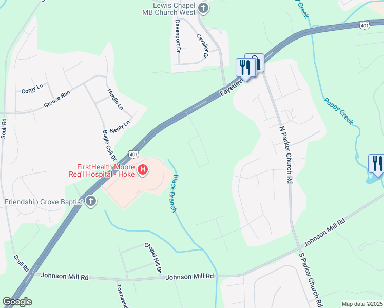 map of restaurants, bars, coffee shops, grocery stores, and more near 154 Watercress Lane in Raeford