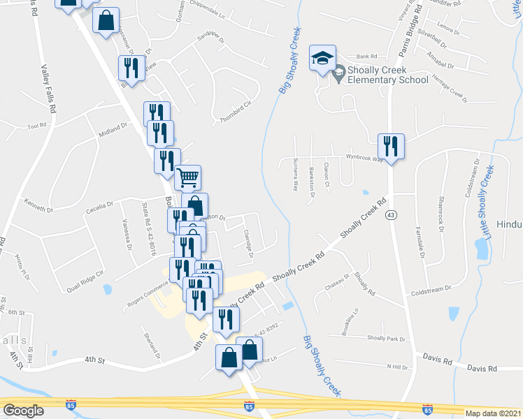 map of restaurants, bars, coffee shops, grocery stores, and more near 335 Robin Helton Drive in Boiling Springs