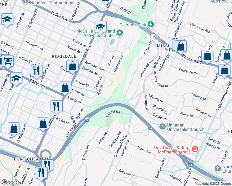 map of restaurants, bars, coffee shops, grocery stores, and more near 2897 East Main Street in Chattanooga