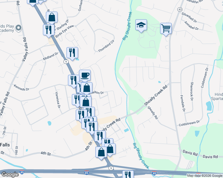 map of restaurants, bars, coffee shops, grocery stores, and more near 342 Robin Helton Drive in Boiling Springs