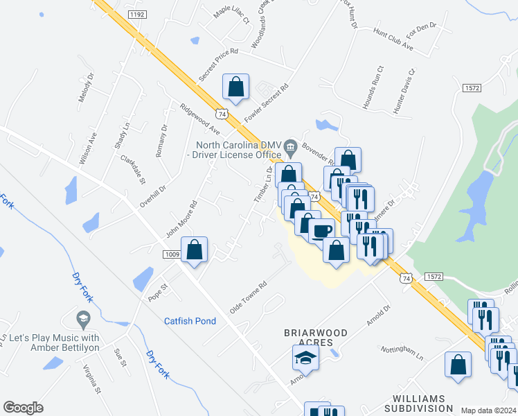 map of restaurants, bars, coffee shops, grocery stores, and more near 1906 Timber Lane Drive in Monroe