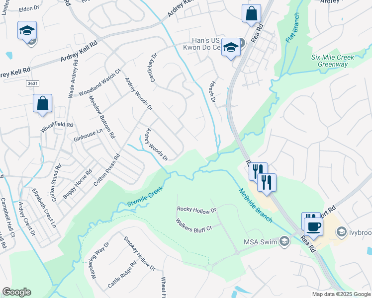map of restaurants, bars, coffee shops, grocery stores, and more near 9416 Ardrey Woods Drive in Charlotte