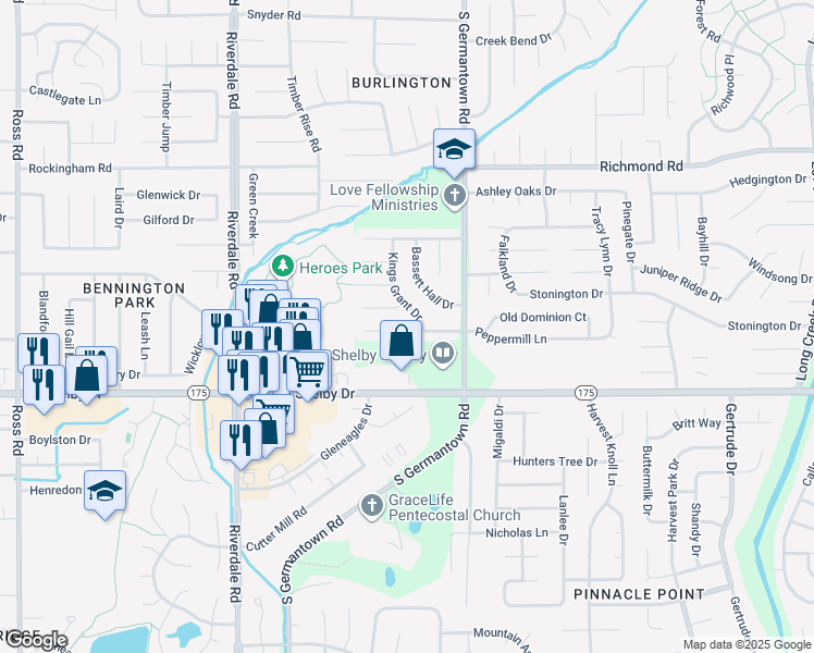 map of restaurants, bars, coffee shops, grocery stores, and more near 7165 Peppermill Lane in Memphis