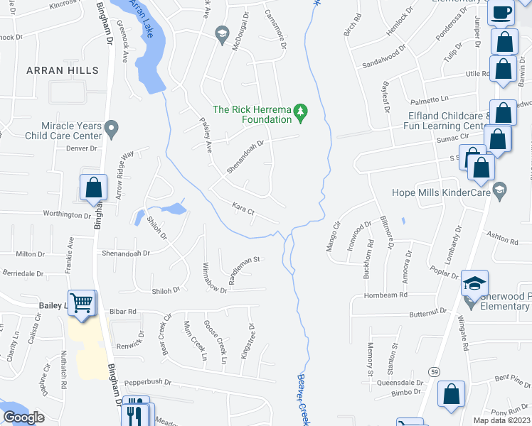 map of restaurants, bars, coffee shops, grocery stores, and more near 1635 Kara Court in Fayetteville