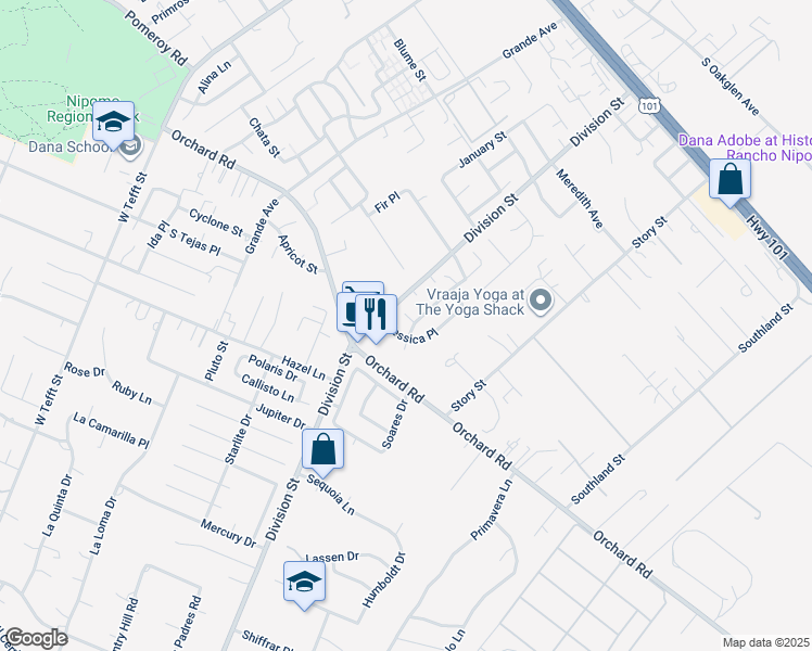 map of restaurants, bars, coffee shops, grocery stores, and more near 526 Los Gallos Court in Nipomo