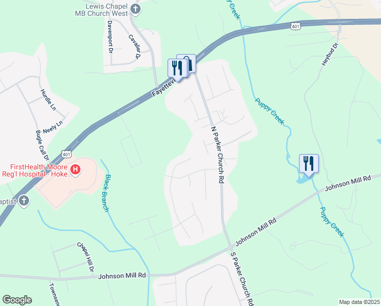 map of restaurants, bars, coffee shops, grocery stores, and more near 109 Van Buren Drive in Raeford