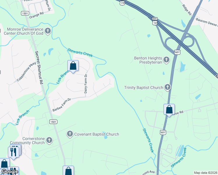 map of restaurants, bars, coffee shops, grocery stores, and more near 621 Barbee Farm Drive in Monroe