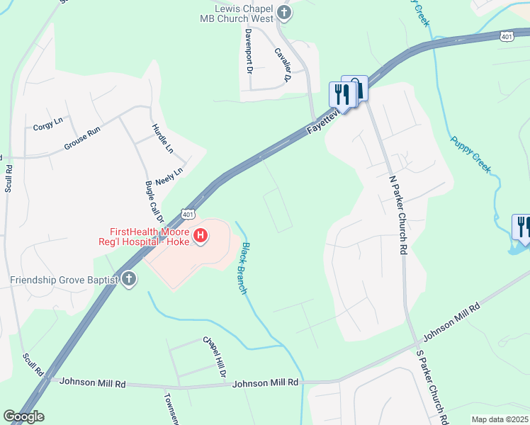map of restaurants, bars, coffee shops, grocery stores, and more near 154 Watercress Lane in Raeford