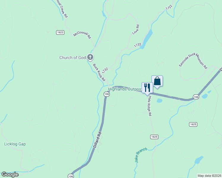 map of restaurants, bars, coffee shops, grocery stores, and more near 7506 Dillard Road in Scaly Mountain