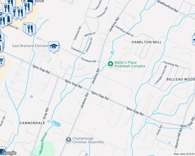 map of restaurants, bars, coffee shops, grocery stores, and more near 1920 Jenkins Road in Chattanooga