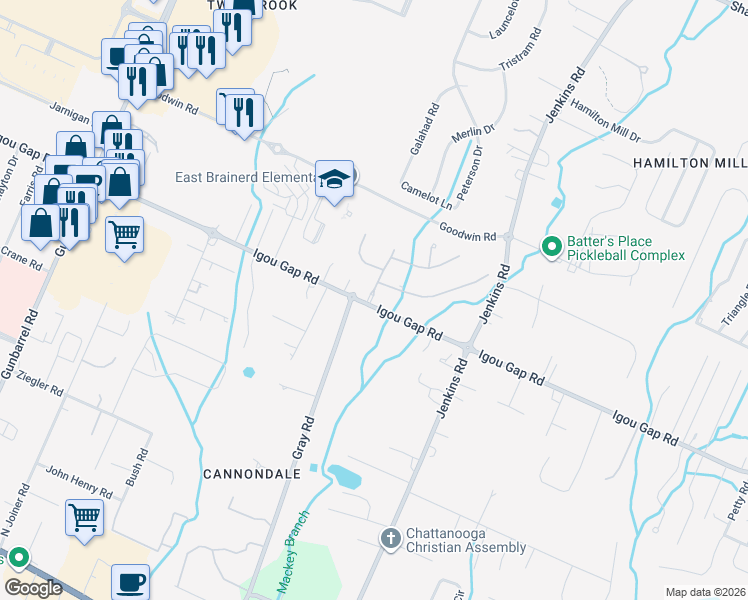 map of restaurants, bars, coffee shops, grocery stores, and more near 1830 Gray Road in Chattanooga