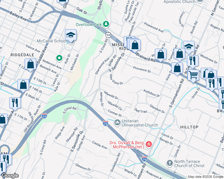 map of restaurants, bars, coffee shops, grocery stores, and more near 3223 Idlewild Drive in Chattanooga