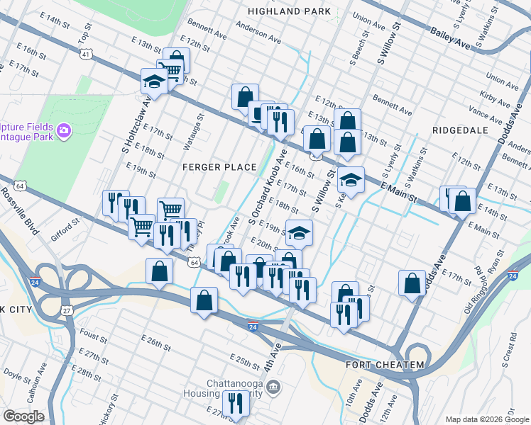 map of restaurants, bars, coffee shops, grocery stores, and more near 1814 South Beech Street in Chattanooga