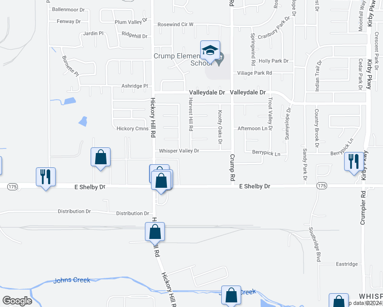 map of restaurants, bars, coffee shops, grocery stores, and more near 6007 Whisper Valley Drive in Memphis