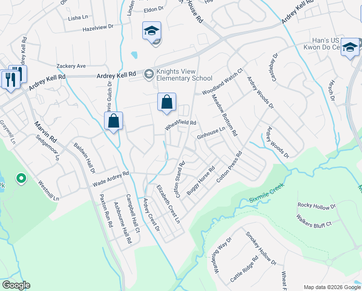 map of restaurants, bars, coffee shops, grocery stores, and more near 8406 Garden View Drive in Charlotte