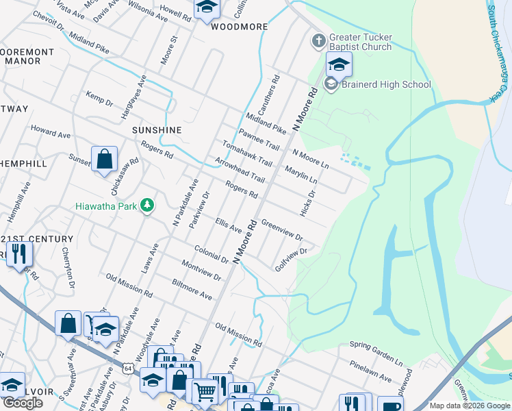 map of restaurants, bars, coffee shops, grocery stores, and more near 708 Castle Drive in Chattanooga