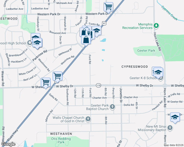 map of restaurants, bars, coffee shops, grocery stores, and more near 4612 Ford Road in Memphis