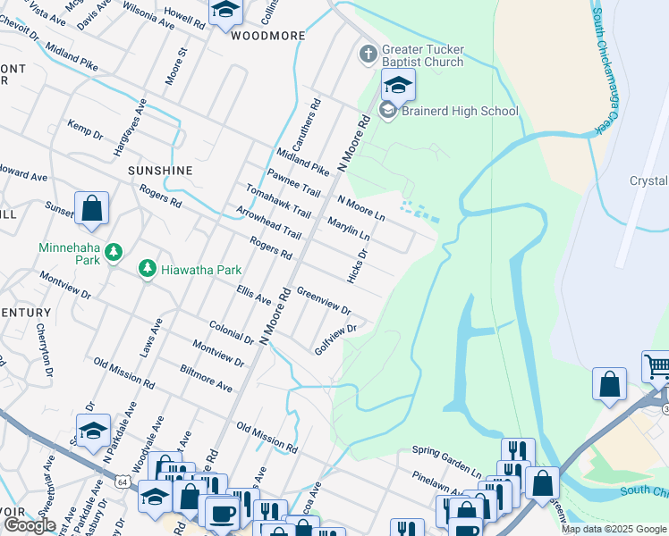 map of restaurants, bars, coffee shops, grocery stores, and more near 4920 Cameron Lane in Chattanooga