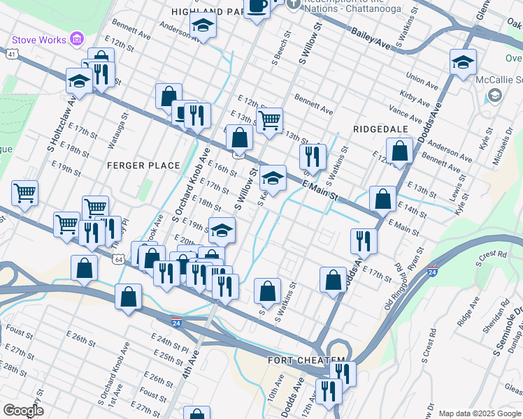 map of restaurants, bars, coffee shops, grocery stores, and more near 1700 South Kelly Street in Chattanooga